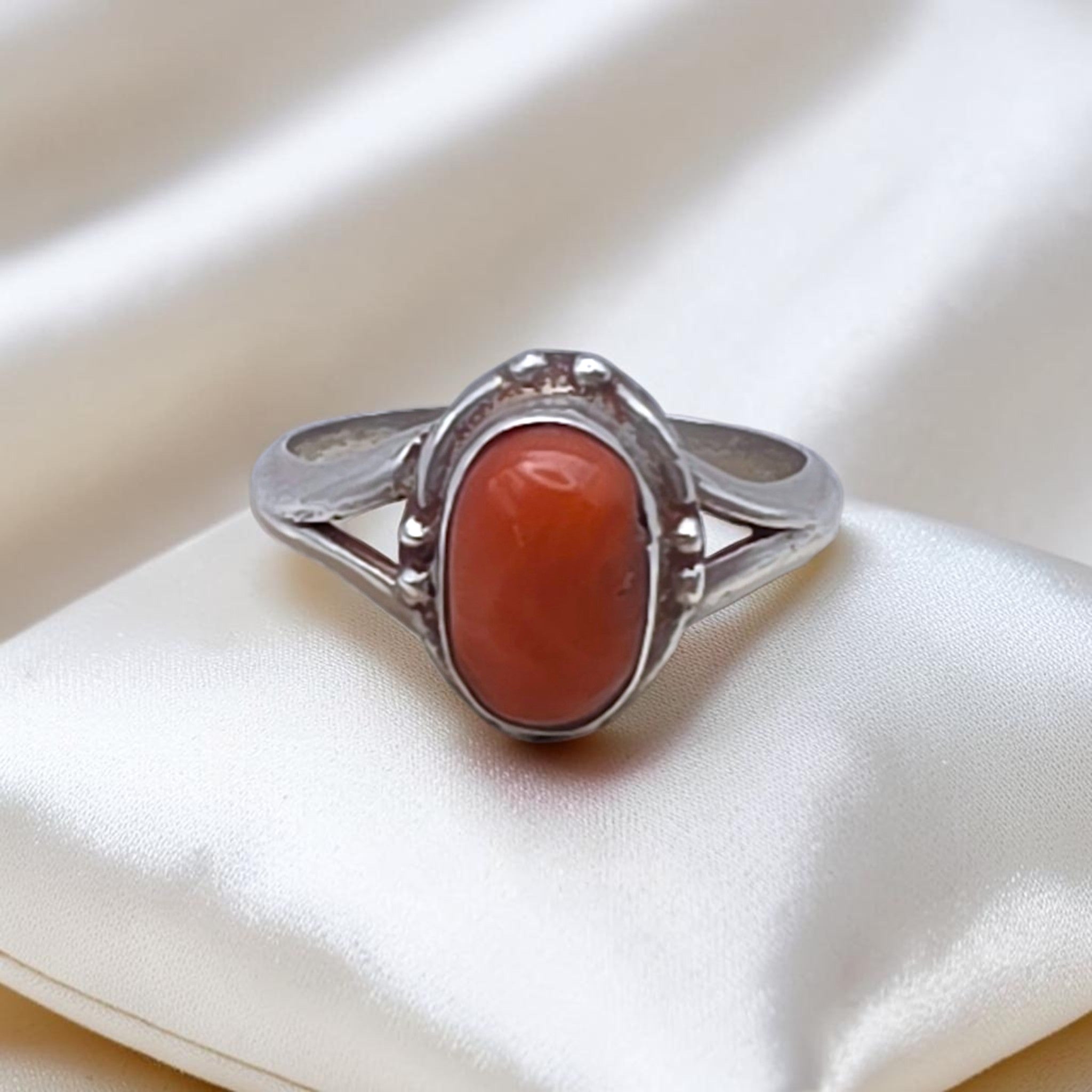 Vintage Sterling Silver Natural Coral Cabochon Ring Size 7.75 925 Statement