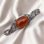 Vintage Baltic Amber Cabochon Sterling Silver Art Nouveau Leaf Brooch