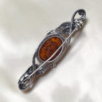 Vintage Baltic Amber Cabochon Sterling Silver Art Nouveau Leaf Brooch