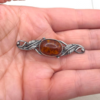 Vintage Baltic Amber Cabochon Sterling Silver Art Nouveau Leaf Brooch