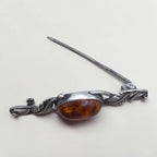 Vintage Baltic Amber Cabochon Sterling Silver Art Nouveau Leaf Brooch