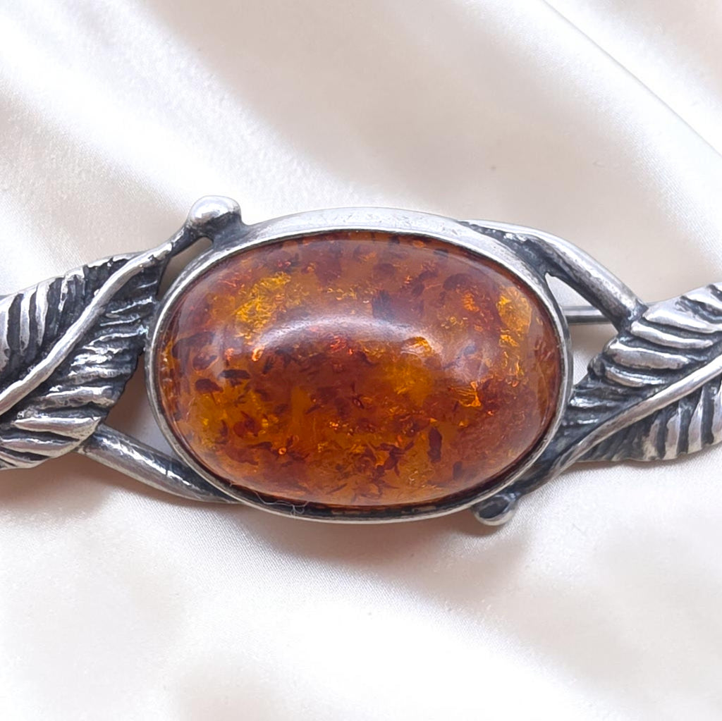 Vintage Baltic Amber Cabochon Sterling Silver Art Nouveau Leaf Brooch