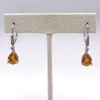Vintage Sterling Silver Pear Cut Citrine & Diamond Drop Leverback Earrings