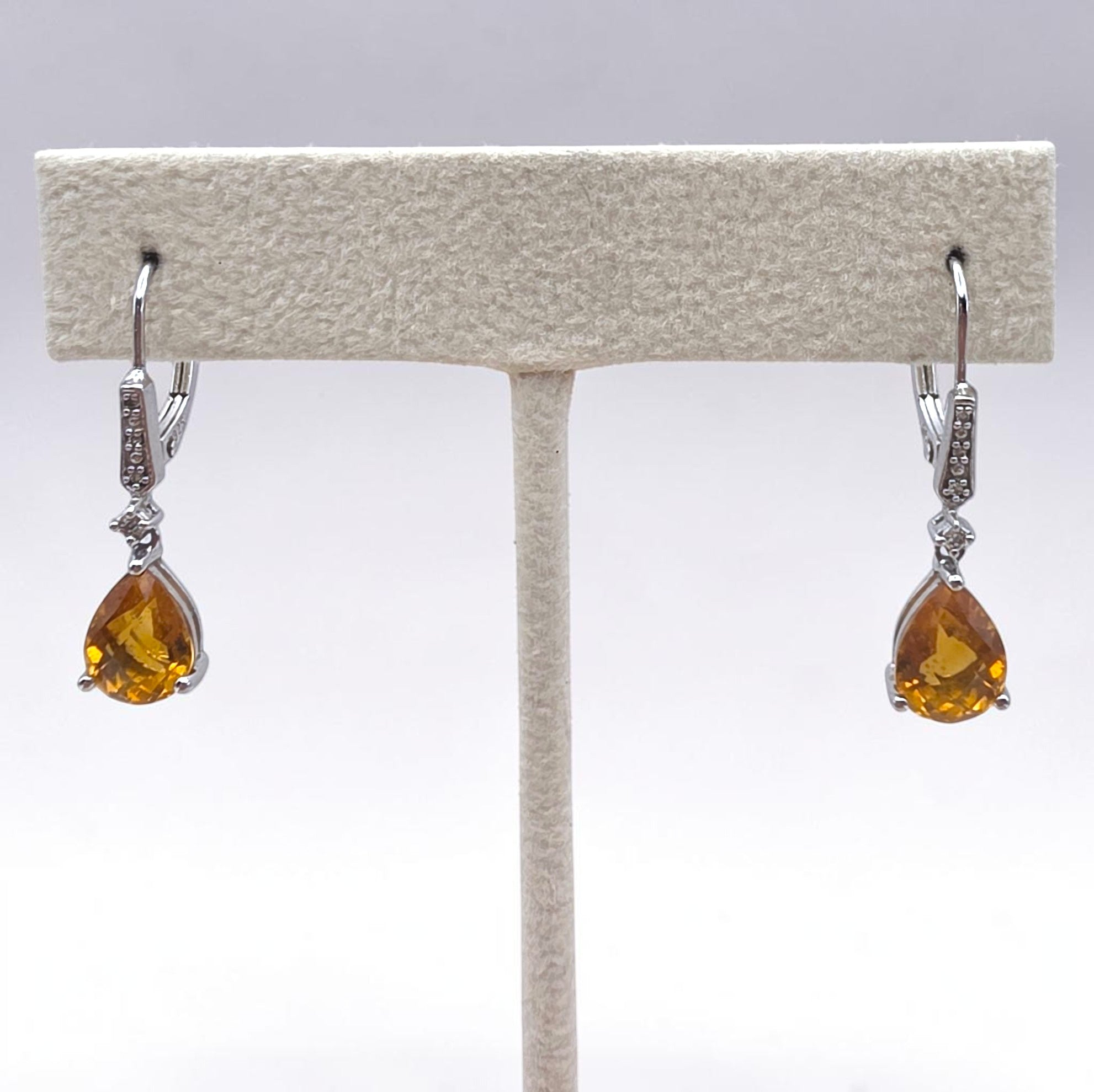 Vintage Sterling Silver Pear Cut Citrine & Diamond Drop Leverback Earrings