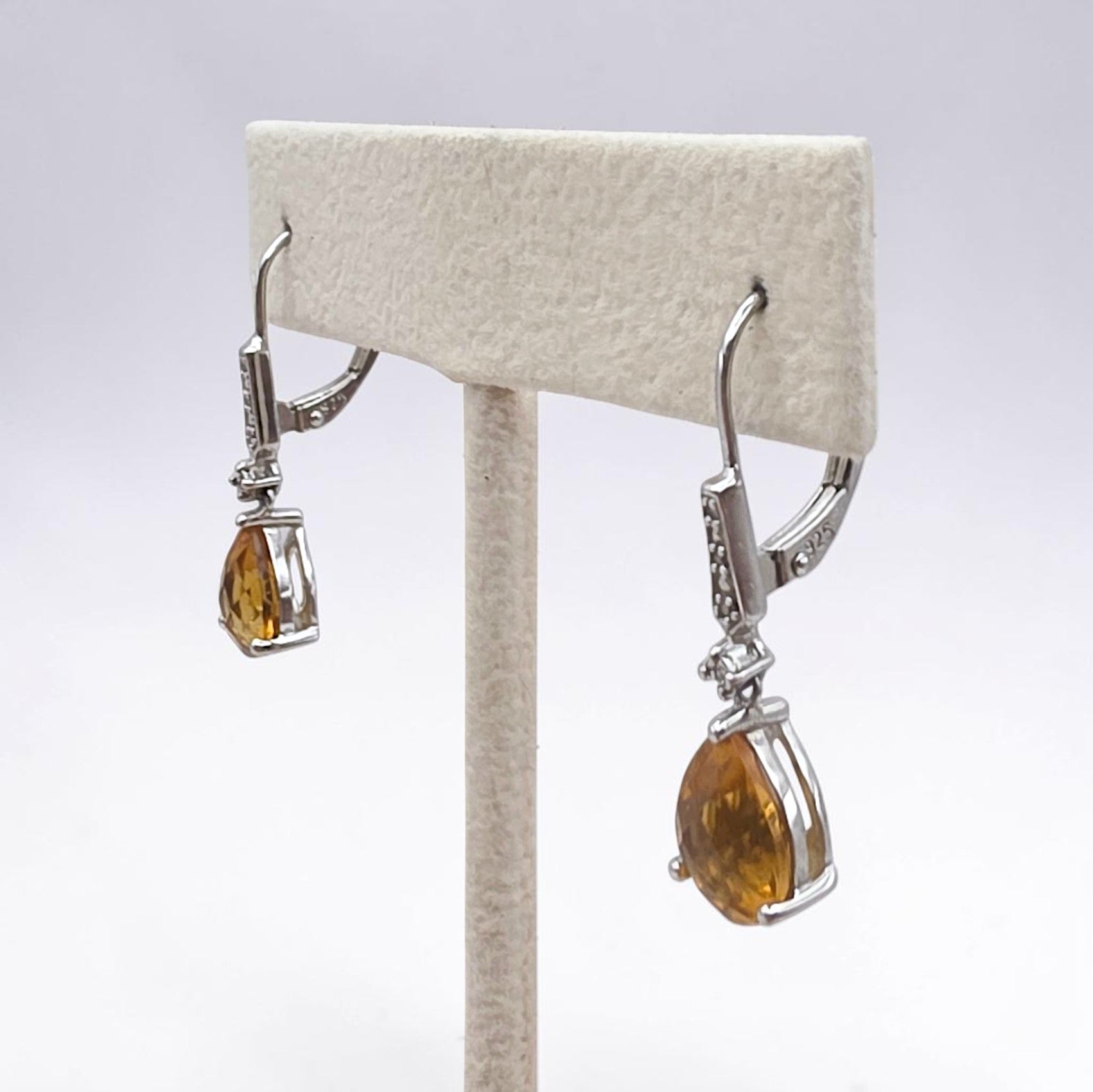 Vintage Sterling Silver Pear Cut Citrine & Diamond Drop Leverback Earrings