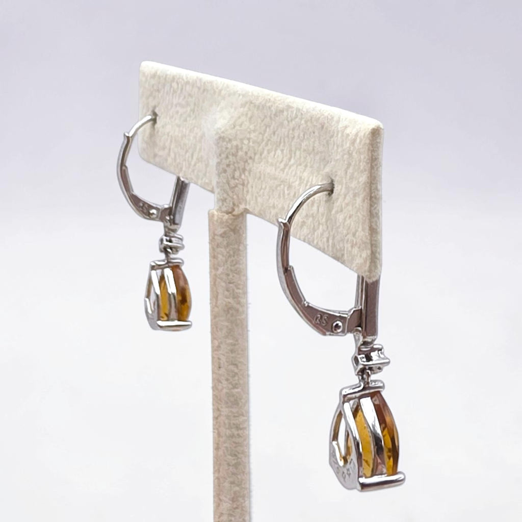 Vintage Sterling Silver Pear Cut Citrine & Diamond Drop Leverback Earrings
