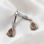 Vintage Sterling Silver Pear Cut Citrine & Diamond Drop Leverback Earrings
