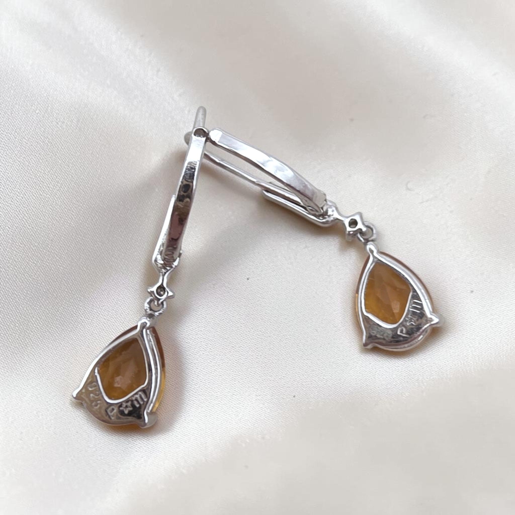 Vintage Sterling Silver Pear Cut Citrine & Diamond Drop Leverback Earrings