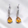 Vintage Sterling Silver Pear Cut Citrine & Diamond Drop Leverback Earrings