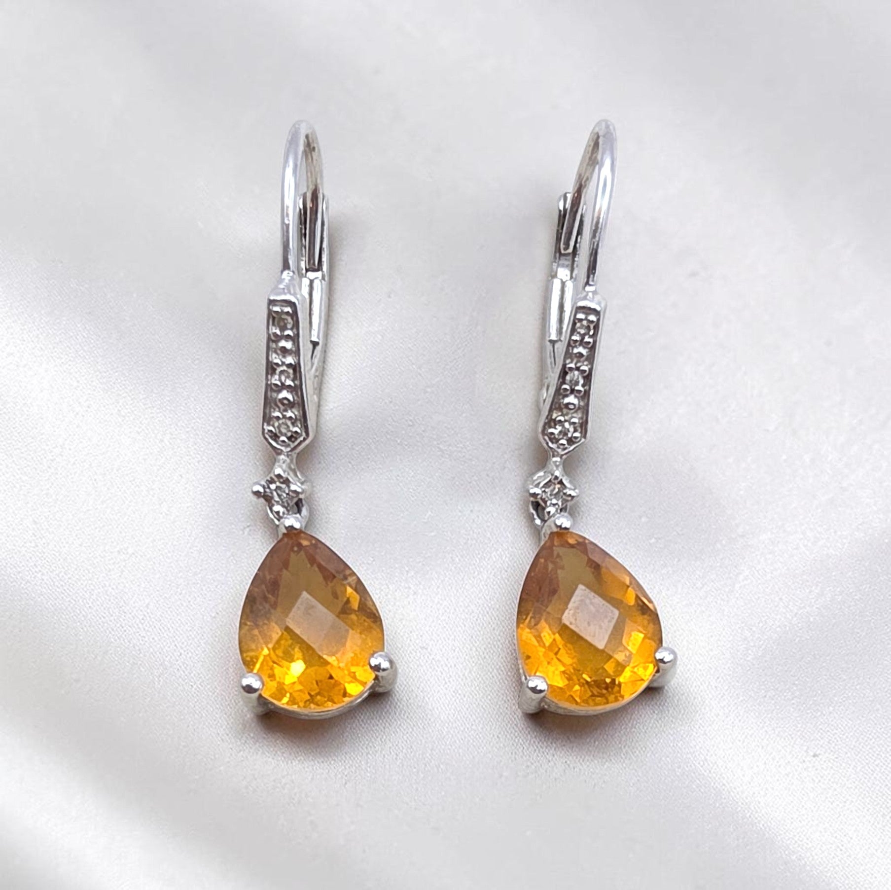 Vintage Sterling Silver Pear Cut Citrine & Diamond Drop Leverback Earrings
