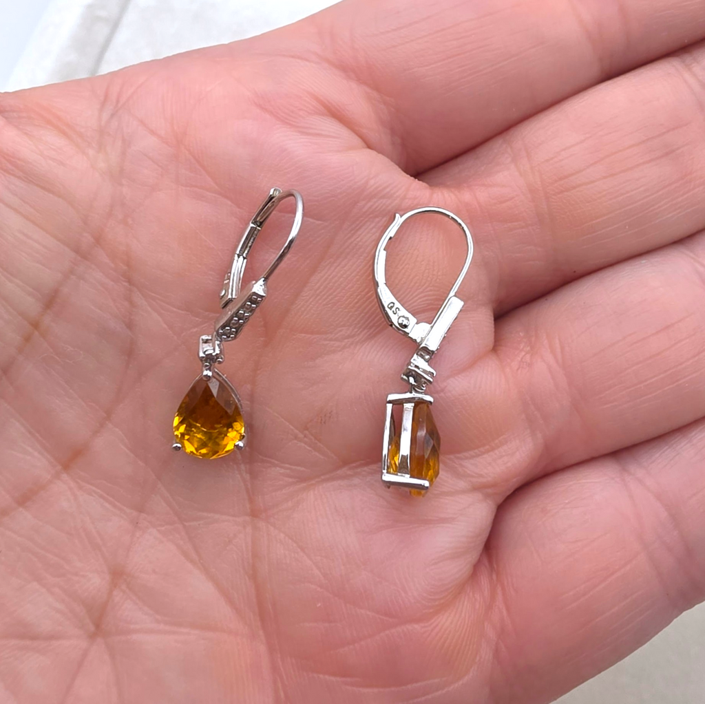 Vintage Sterling Silver Pear Cut Citrine & Diamond Drop Leverback Earrings