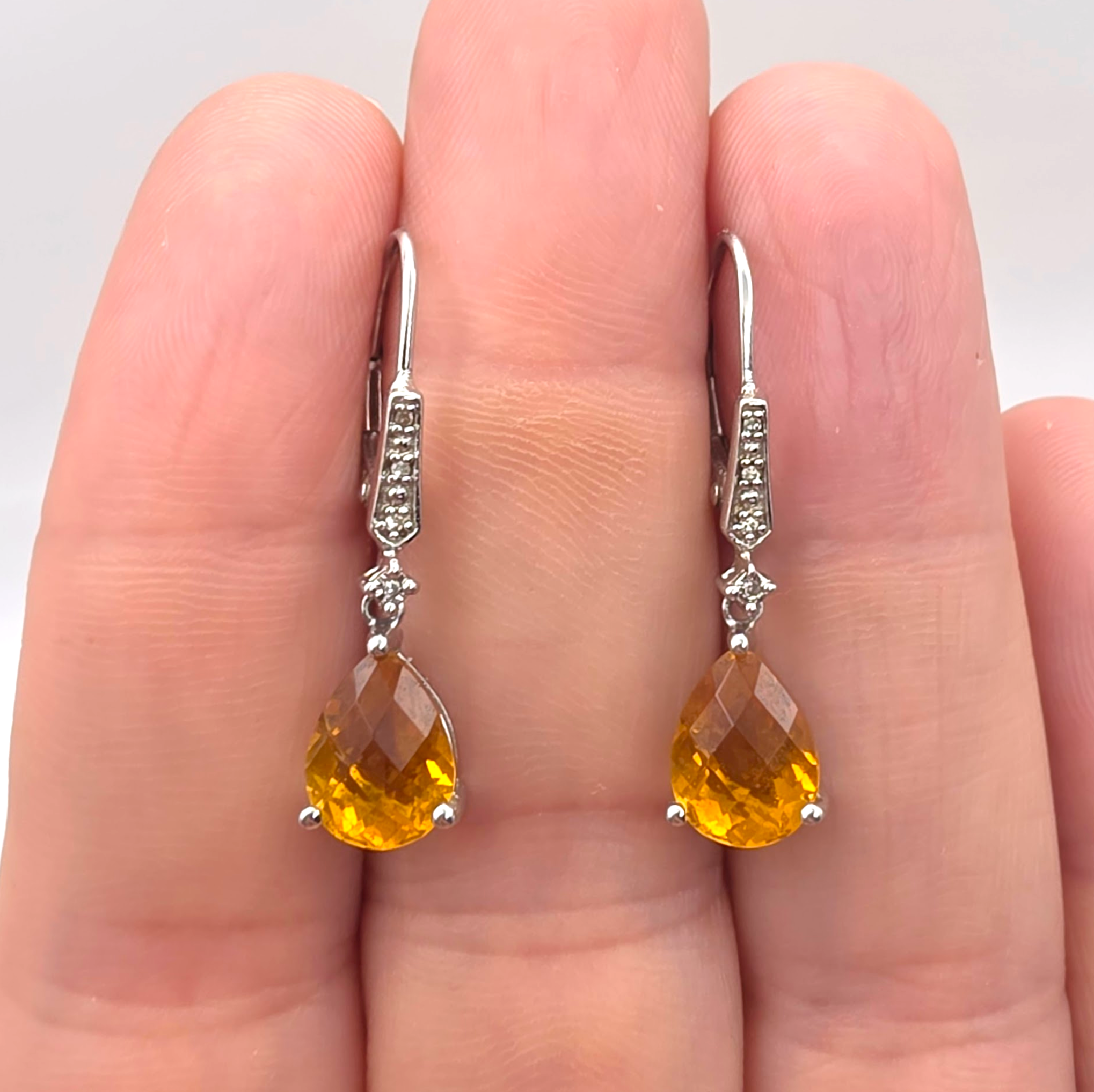 Vintage Sterling Silver Pear Cut Citrine & Diamond Drop Leverback Earrings