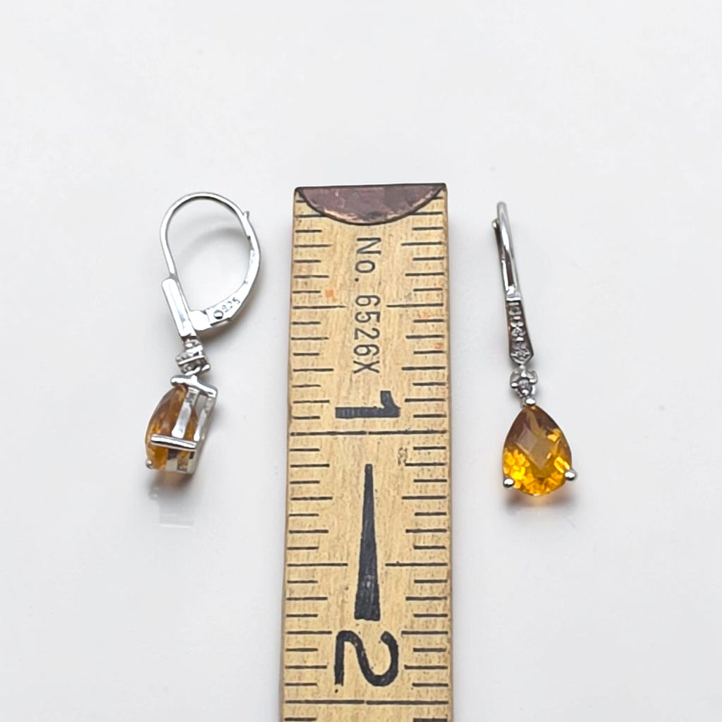 Vintage Sterling Silver Pear Cut Citrine & Diamond Drop Leverback Earrings