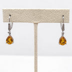 Vintage Sterling Silver Pear Cut Citrine & Diamond Drop Leverback Earrings