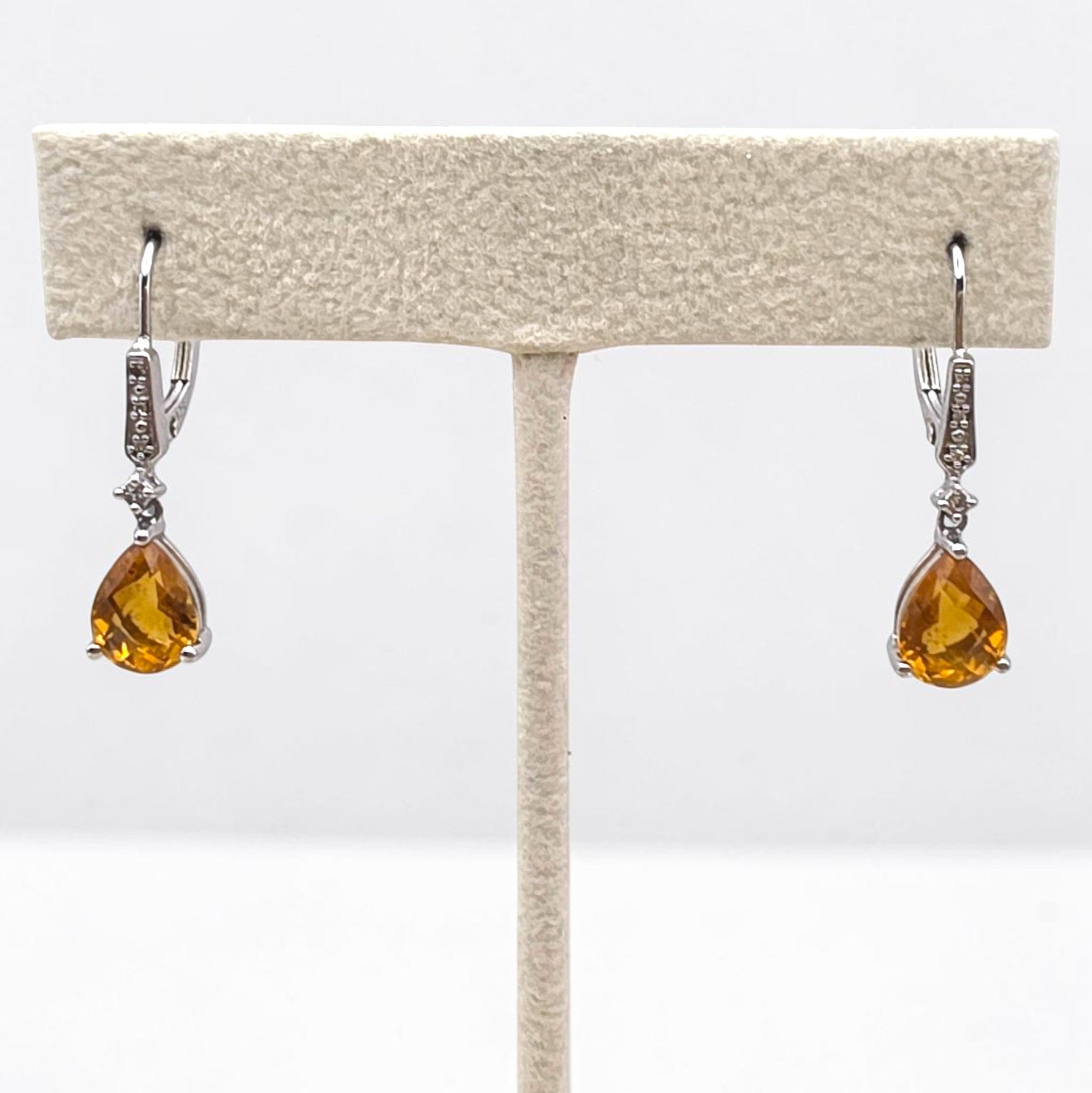 Vintage Sterling Silver Pear Cut Citrine & Diamond Drop Leverback Earrings