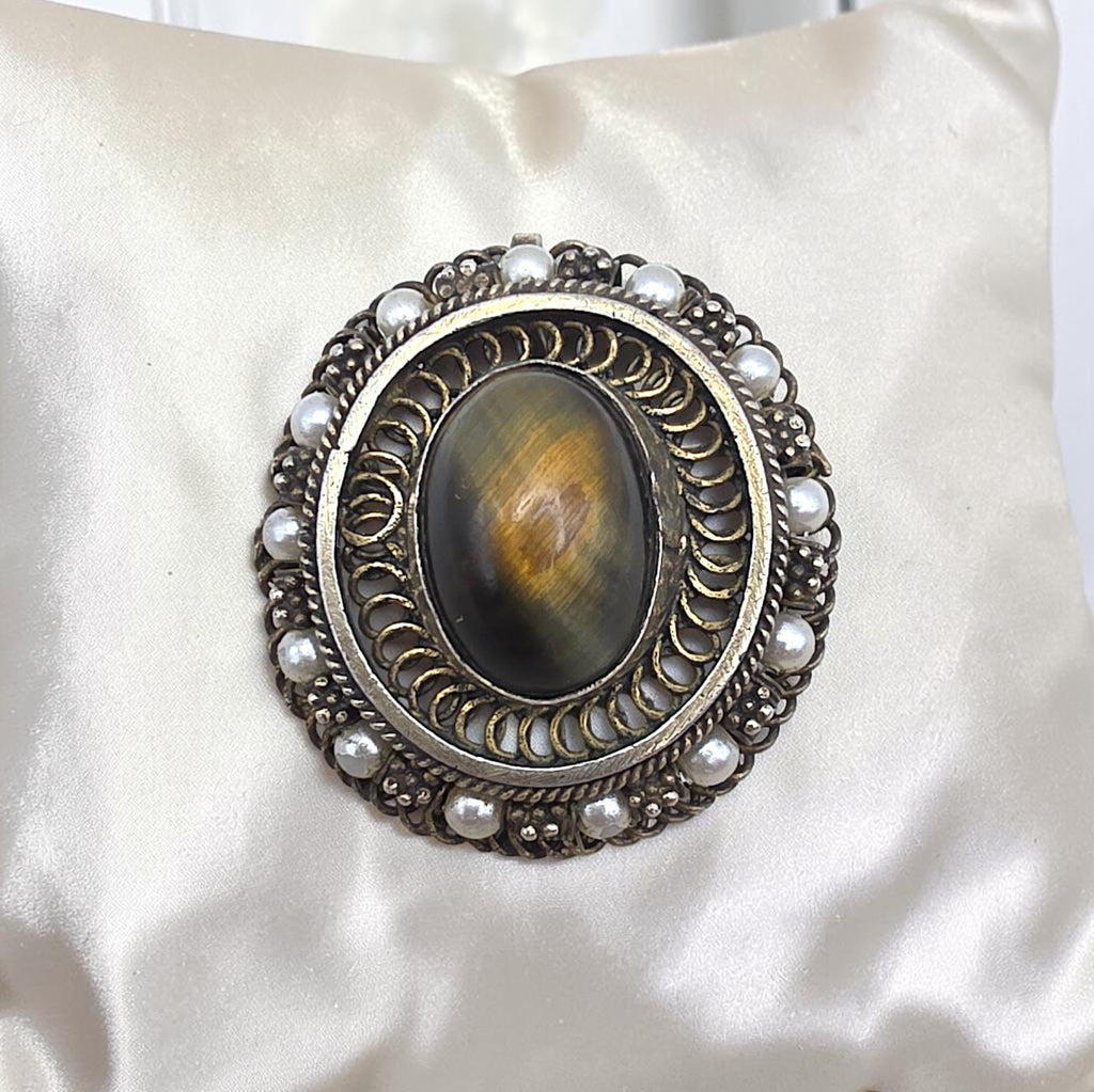 Antique Victorian Tiger's Eye Brooch Pendant Gold Washed Sterling Silver