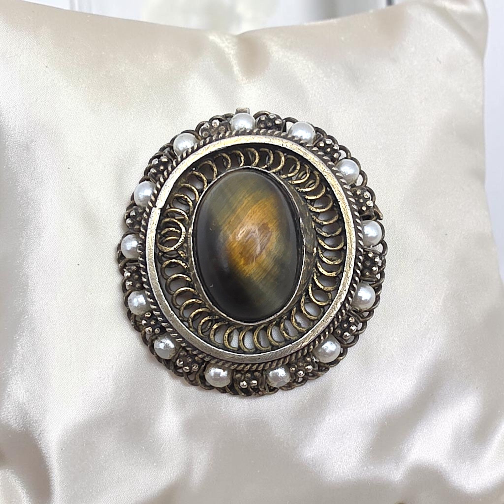 Antique Victorian Tiger's Eye Brooch Pendant Gold Washed Sterling Silver
