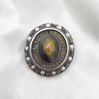 Antique Victorian Tiger's Eye Brooch Pendant Gold Washed Sterling Silver
