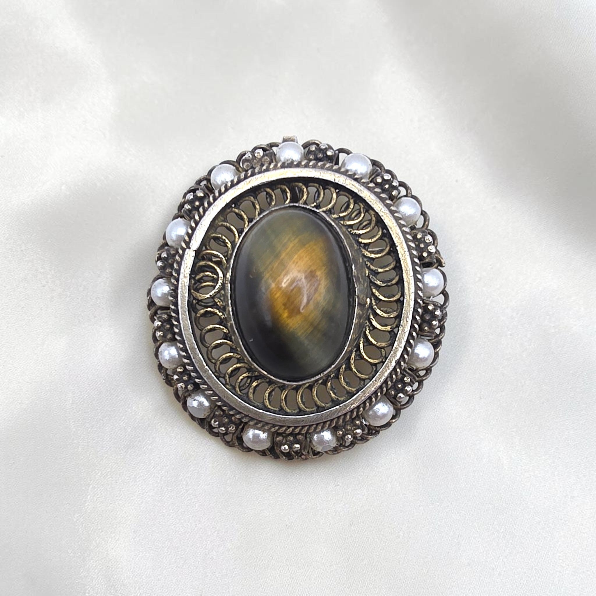 Antique Victorian Tiger's Eye Brooch Pendant Gold Washed Sterling Silver