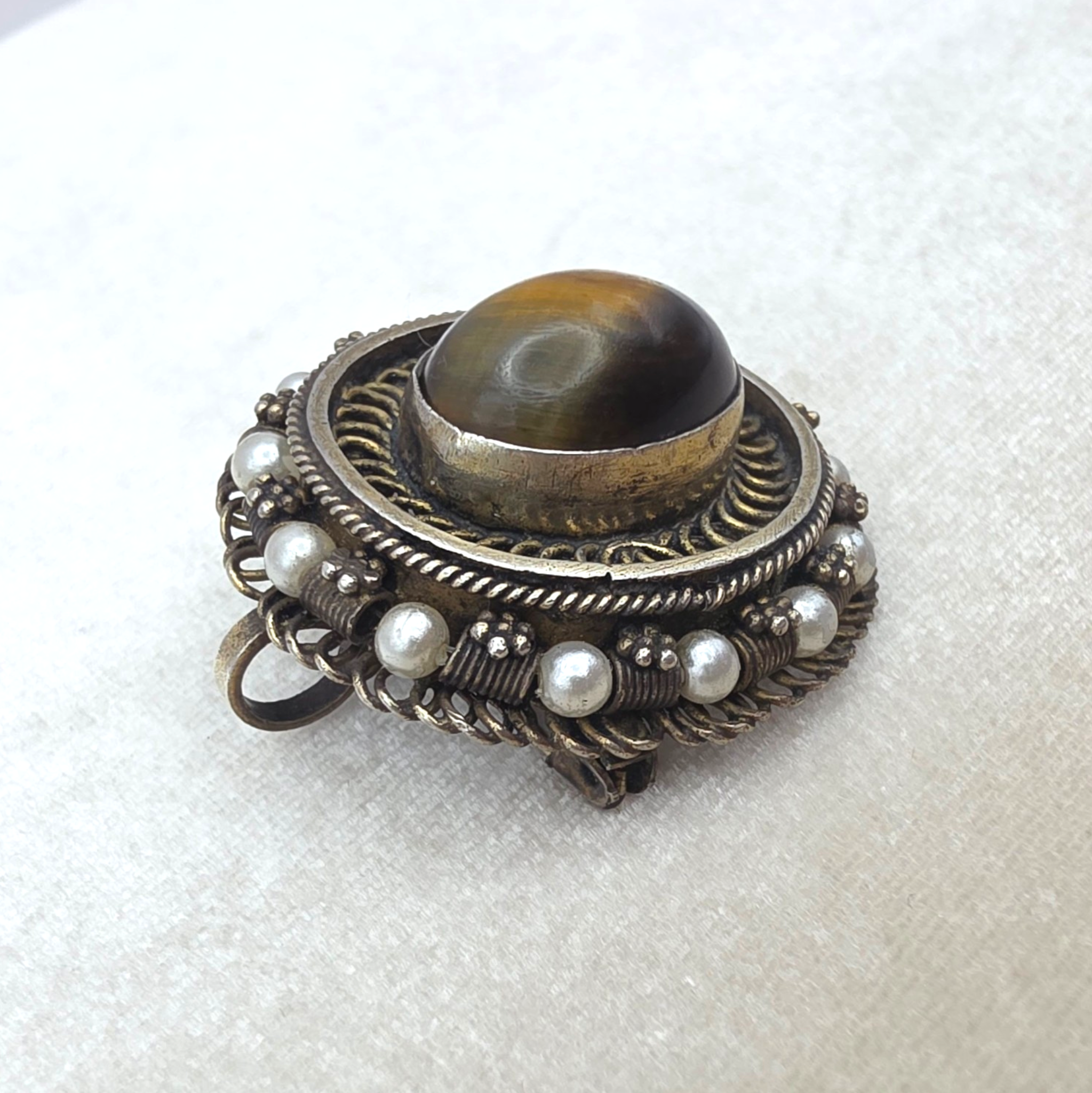 Antique Victorian Tiger's Eye Brooch Pendant Gold Washed Sterling Silver