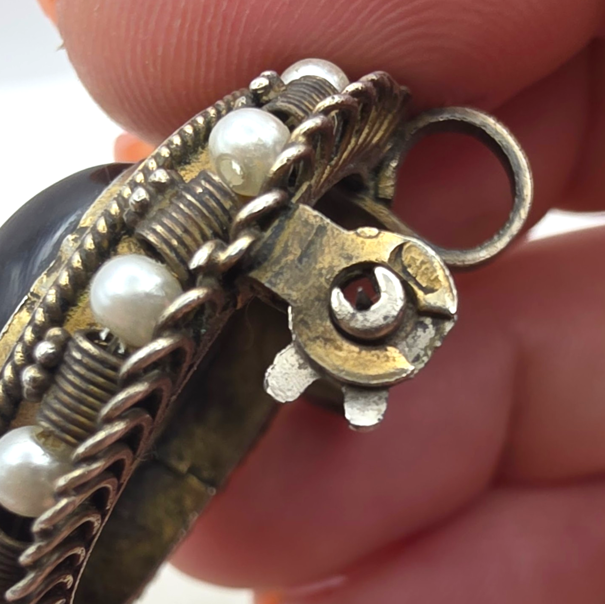 Antique Victorian Tiger's Eye Brooch Pendant Gold Washed Sterling Silver