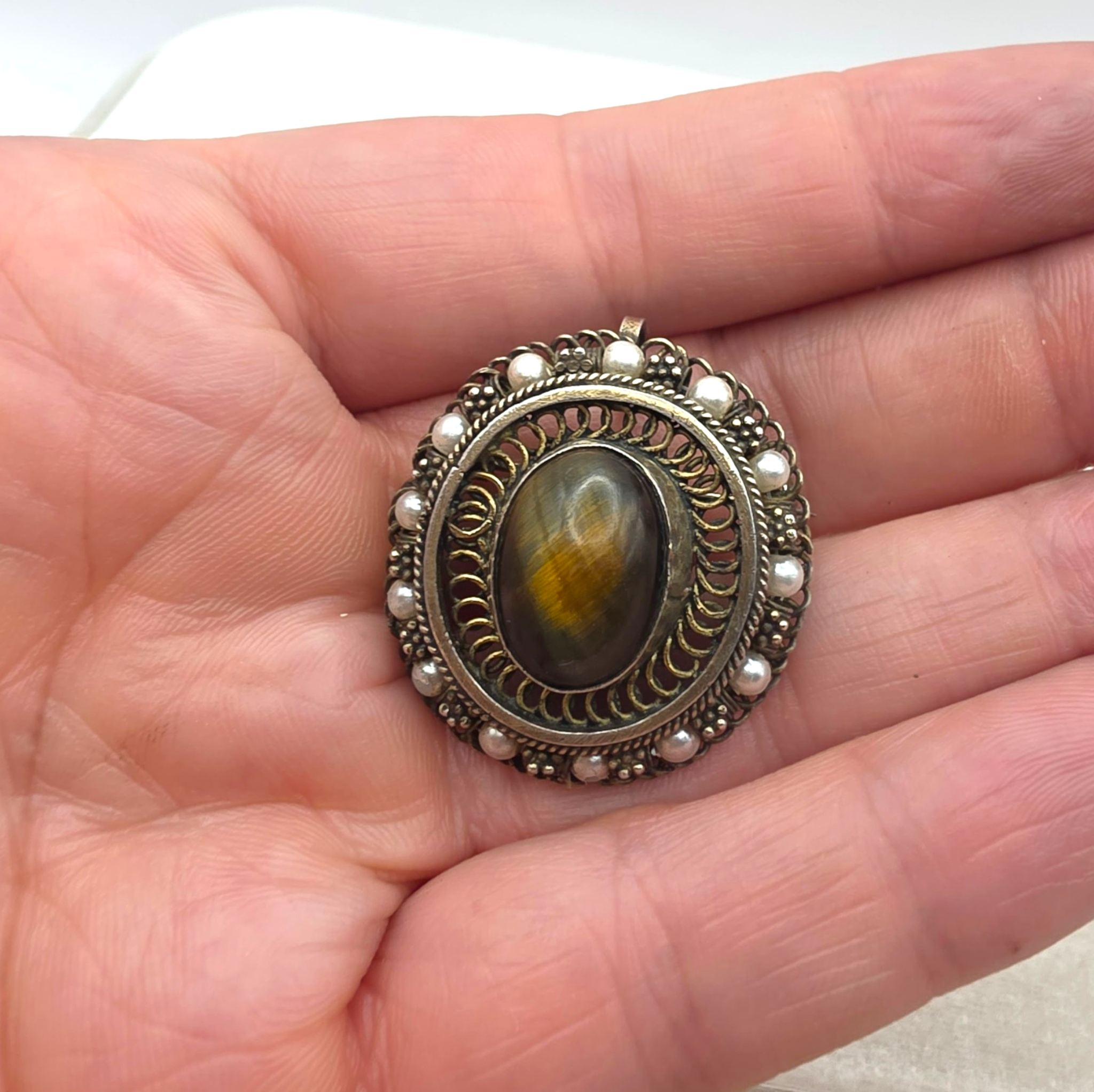 Antique Victorian Tiger's Eye Brooch Pendant Gold Washed Sterling Silver