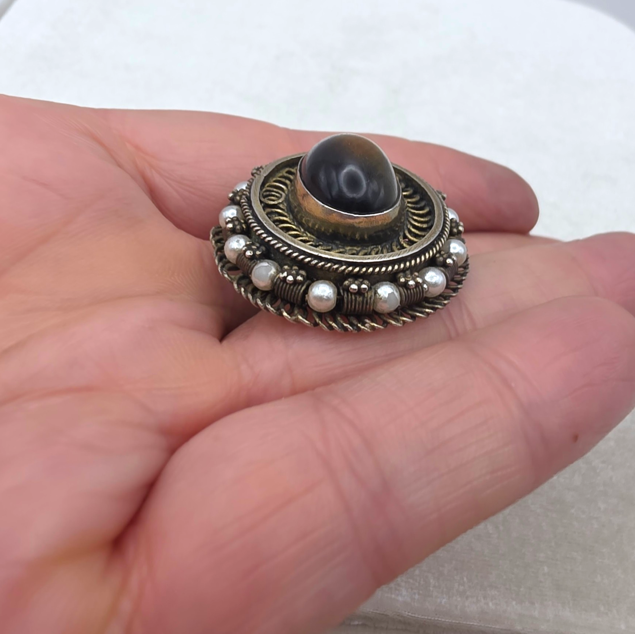 Antique Victorian Tiger's Eye Brooch Pendant Gold Washed Sterling Silver