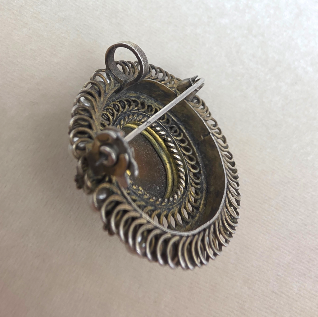 Antique Victorian Tiger's Eye Brooch Pendant Gold Washed Sterling Silver