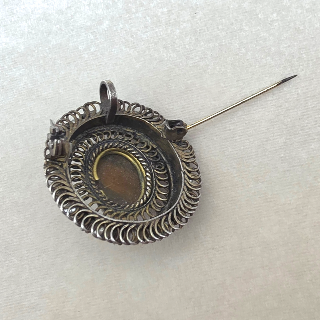 Antique Victorian Tiger's Eye Brooch Pendant Gold Washed Sterling Silver