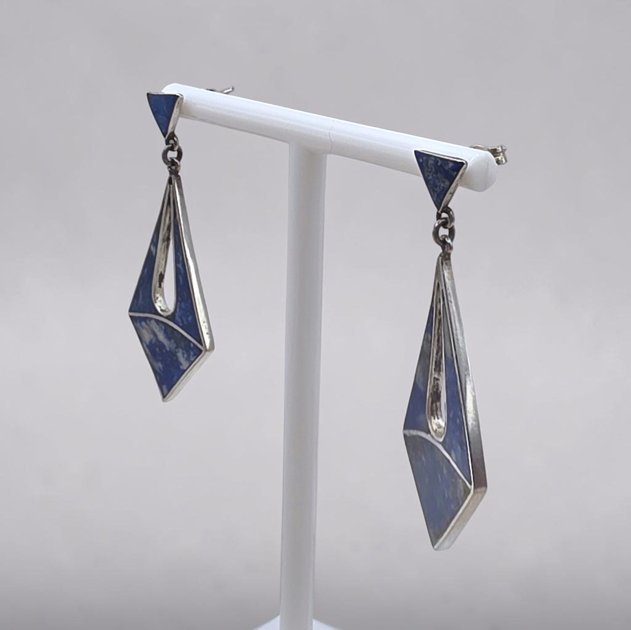 Vintage Artisan Sterling Silver Lapis Lazuli Inlay Modernist Dangle Earrings