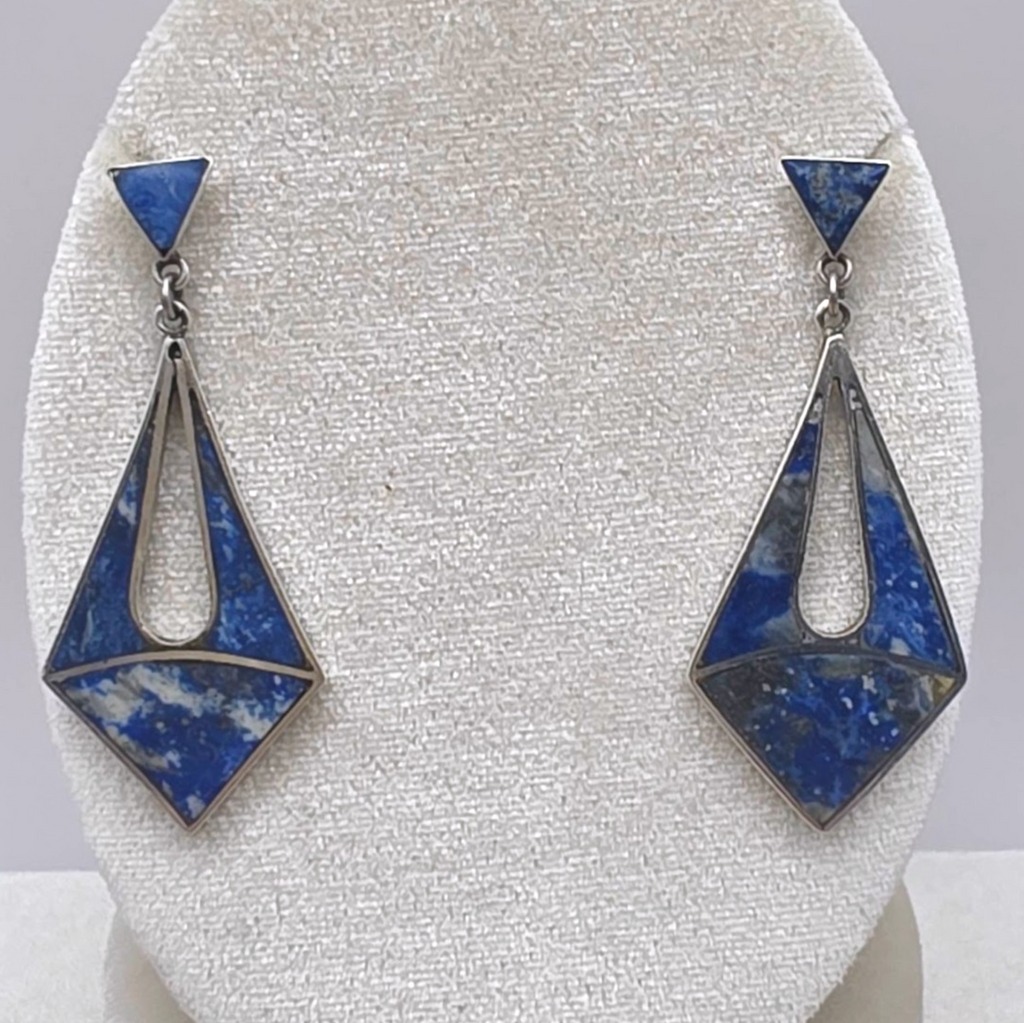 Vintage Artisan Sterling Silver Lapis Lazuli Inlay Modernist Dangle Earrings