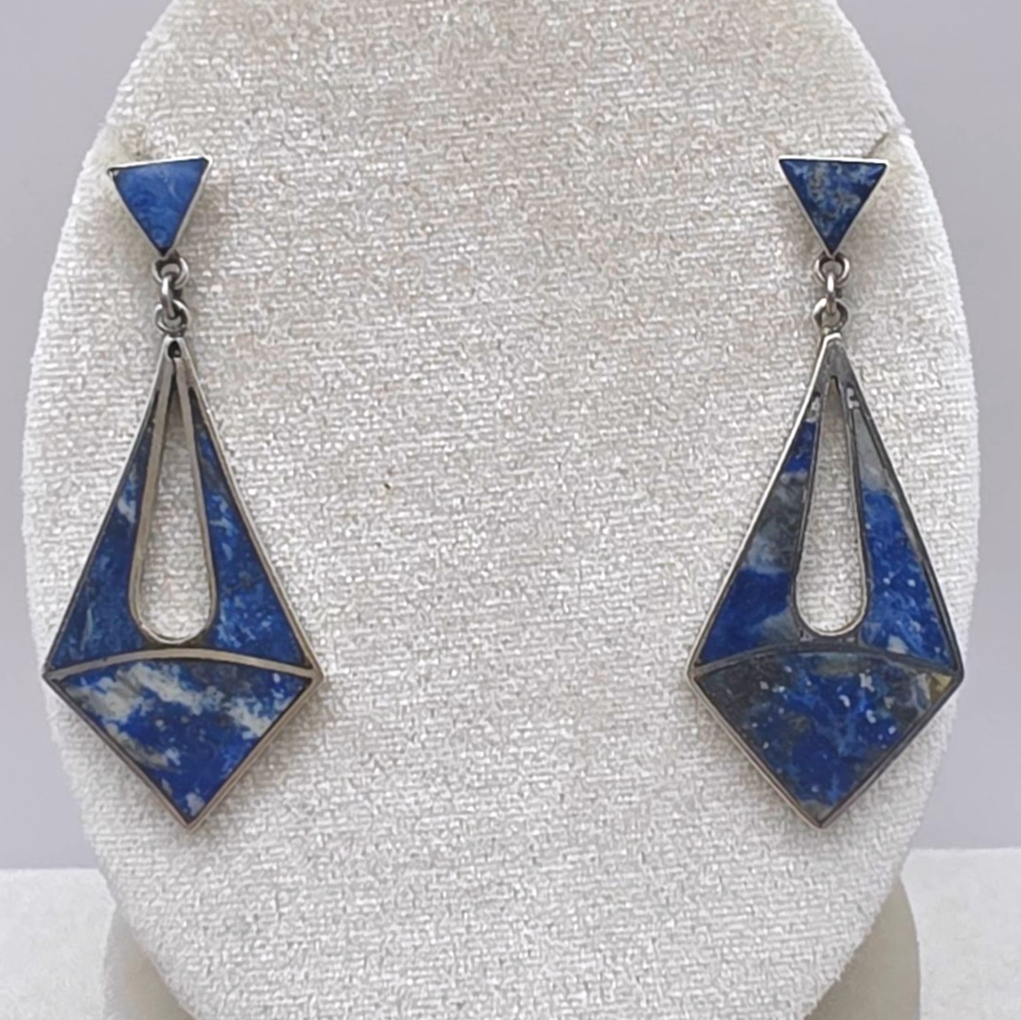 Vintage Artisan Sterling Silver Lapis Lazuli Inlay Modernist Dangle Earrings