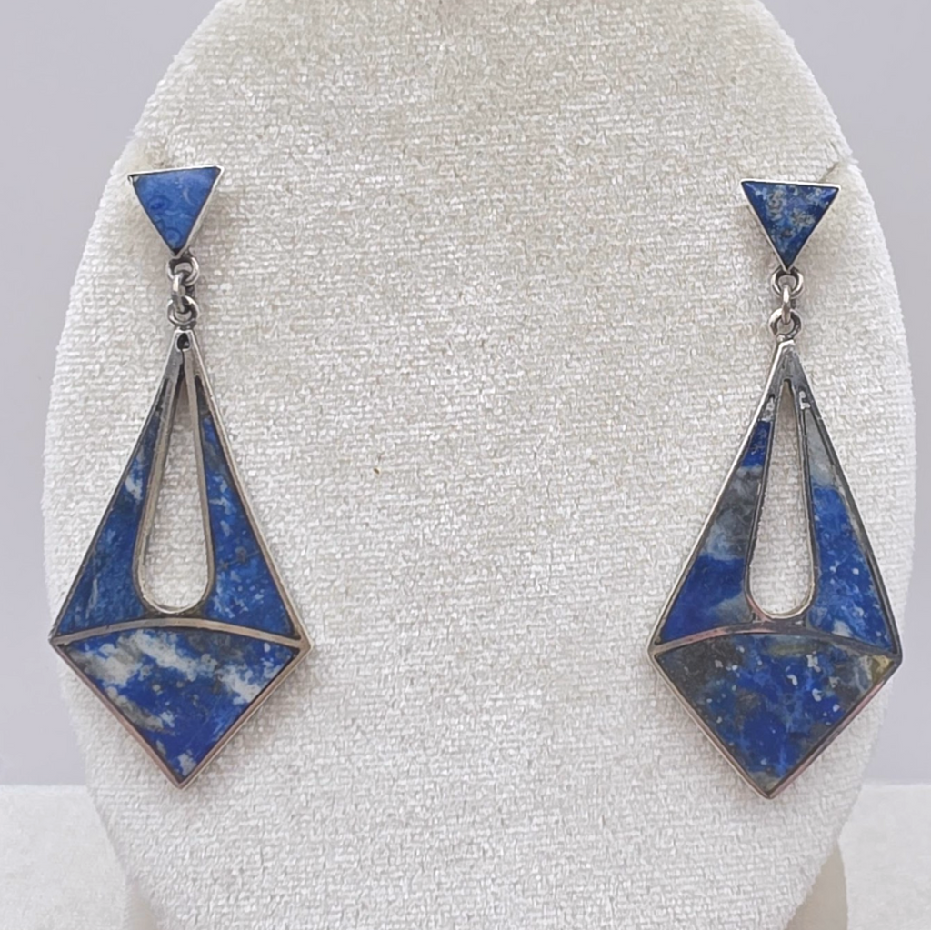 Vintage Artisan Sterling Silver Lapis Lazuli Inlay Modernist Dangle Earrings