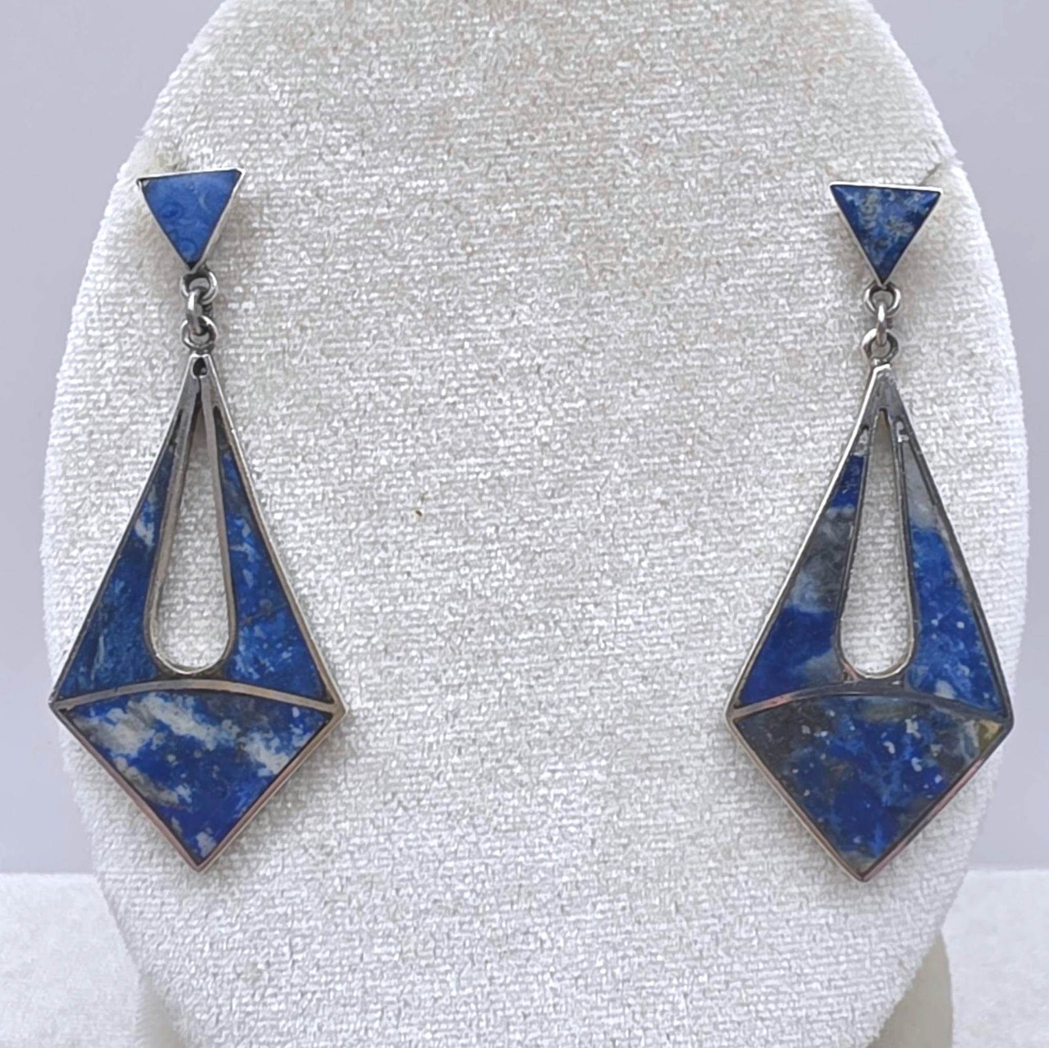Vintage Artisan Sterling Silver Lapis Lazuli Inlay Modernist Dangle Earrings