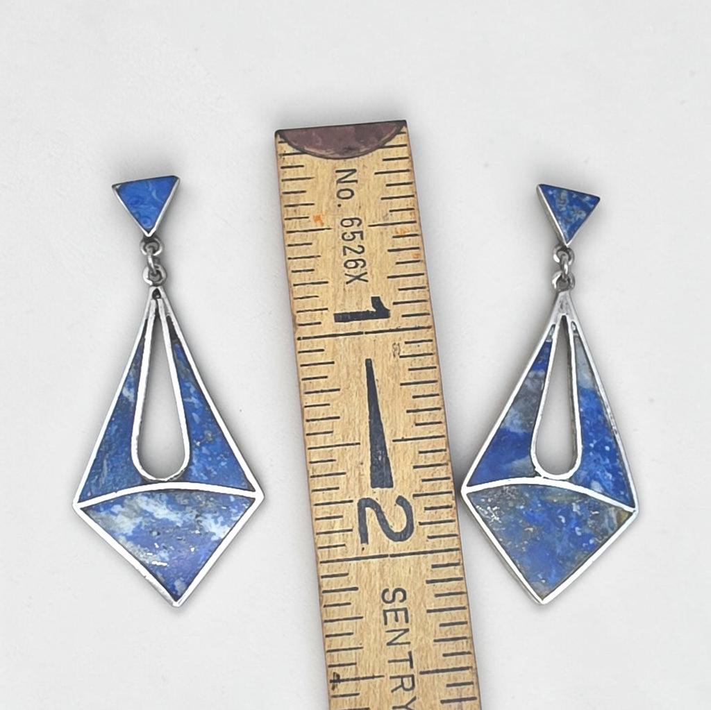 Vintage Artisan Sterling Silver Lapis Lazuli Inlay Modernist Dangle Earrings