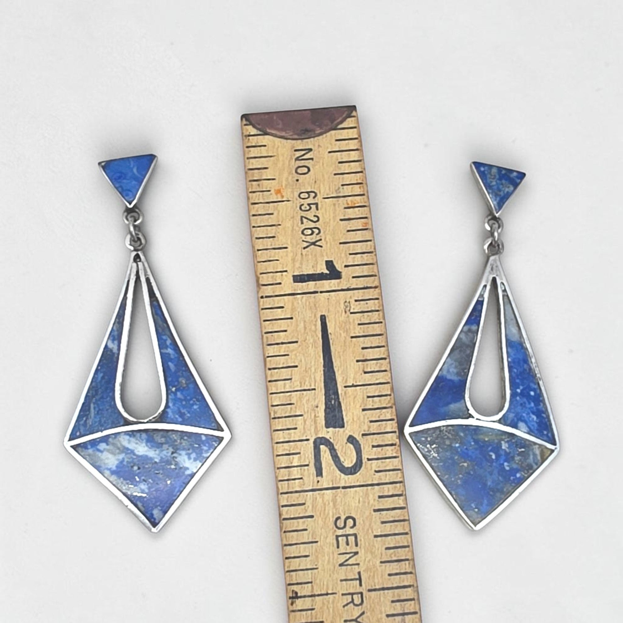 Vintage Artisan Sterling Silver Lapis Lazuli Inlay Modernist Dangle Earrings