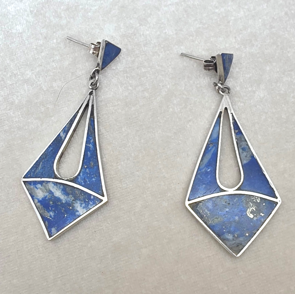 Vintage Artisan Sterling Silver Lapis Lazuli Inlay Modernist Dangle Earrings