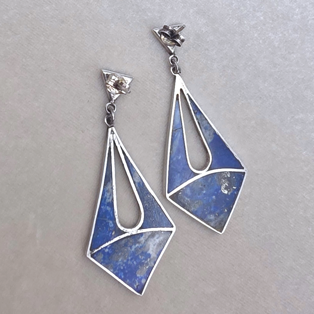 Vintage Artisan Sterling Silver Lapis Lazuli Inlay Modernist Dangle Earrings