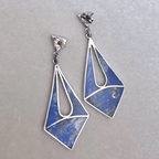 Vintage Artisan Sterling Silver Lapis Lazuli Inlay Modernist Dangle Earrings