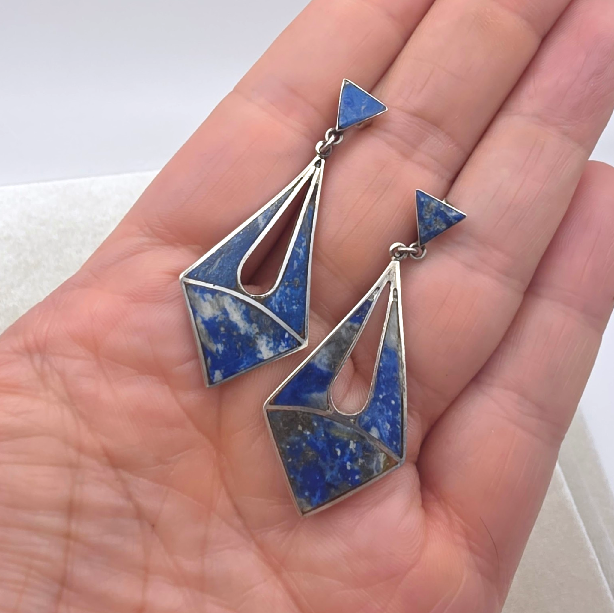 Vintage Artisan Sterling Silver Lapis Lazuli Inlay Modernist Dangle Earrings