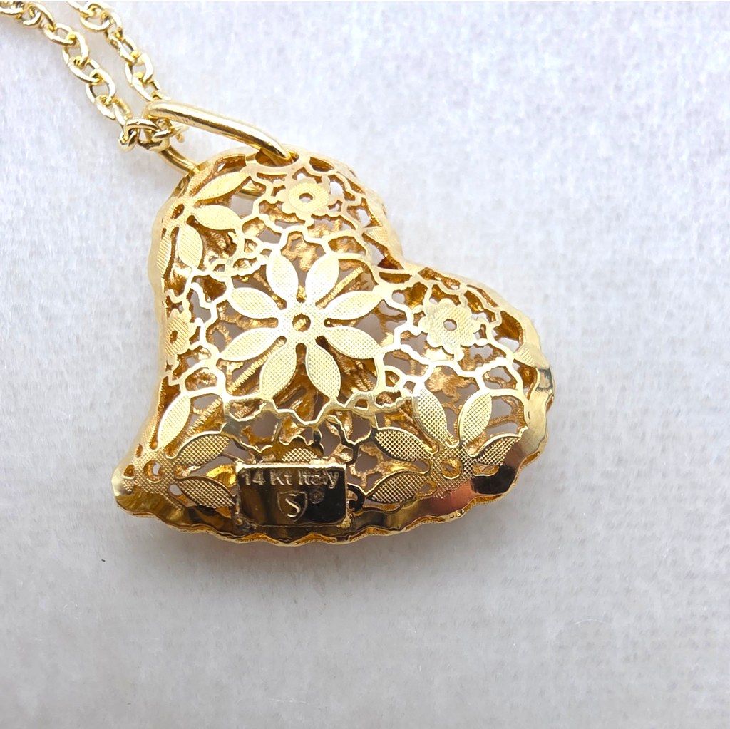 Vintage Italian 14K Gold Delicate Floral Openwork Puffy Heart Pendant Necklace