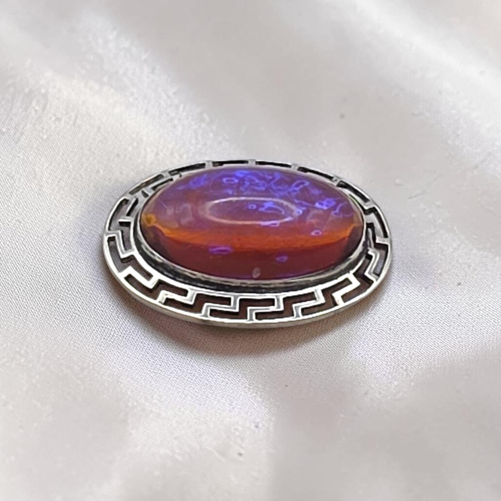 Antique Sterling Silver Dragon’s Breath Opal Brooch Greek Key Design
