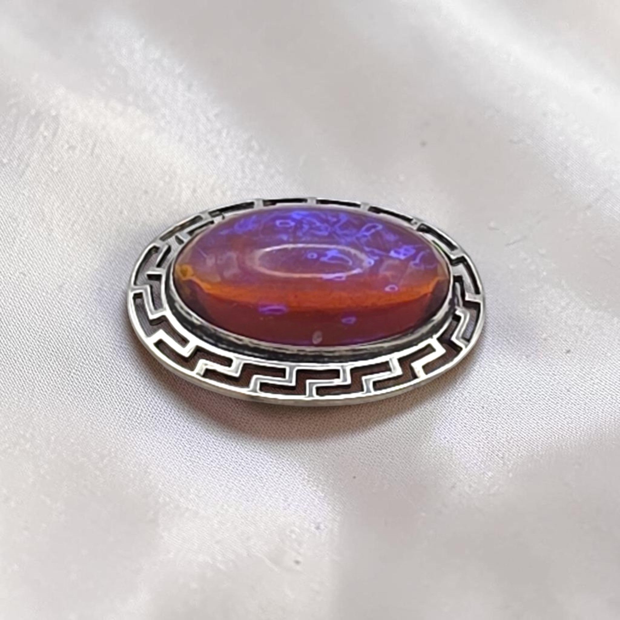 Antique Sterling Silver Dragon’s Breath Opal Brooch Greek Key Design