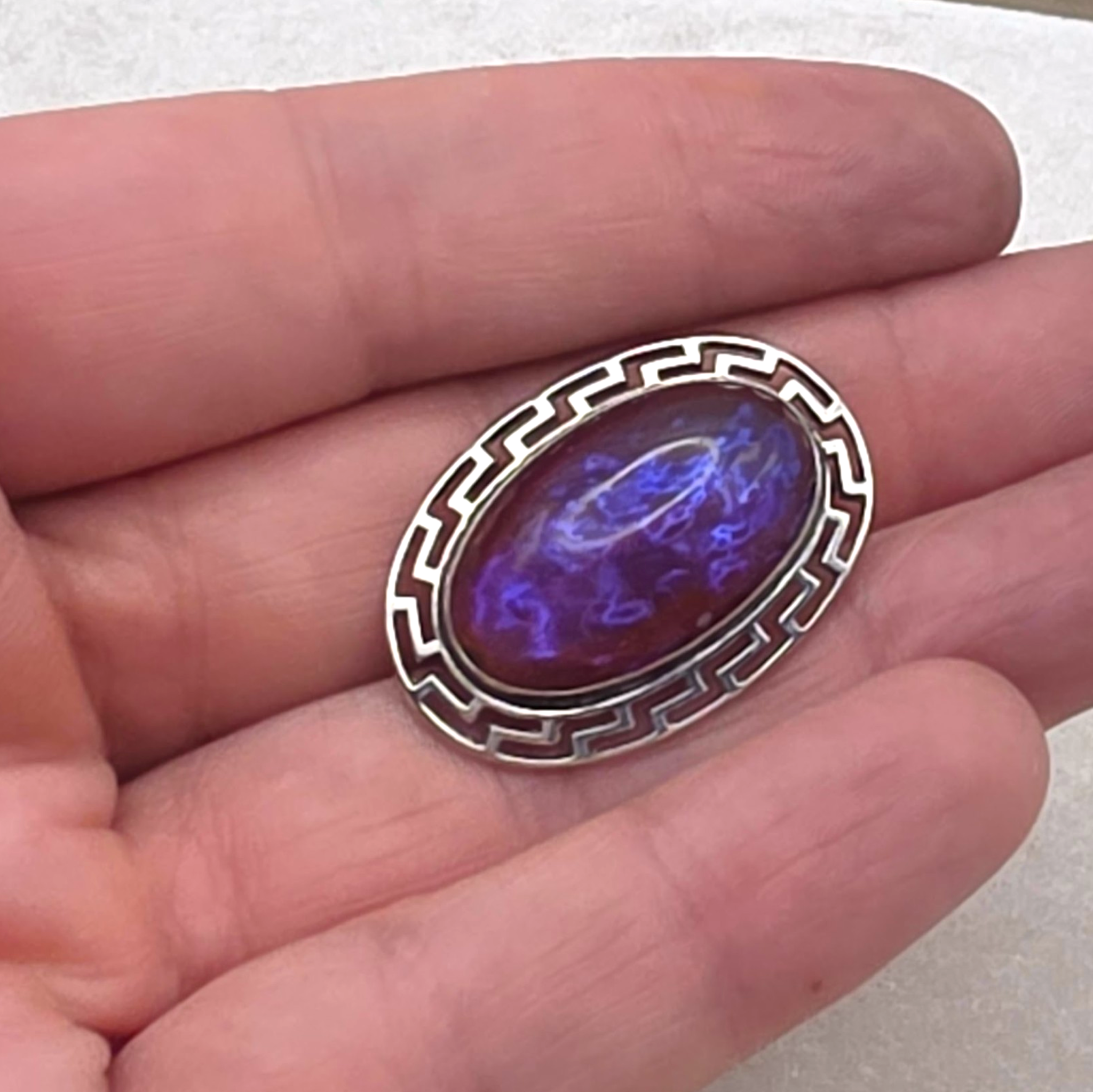 Antique Sterling Silver Dragon’s Breath Opal Brooch Greek Key Design