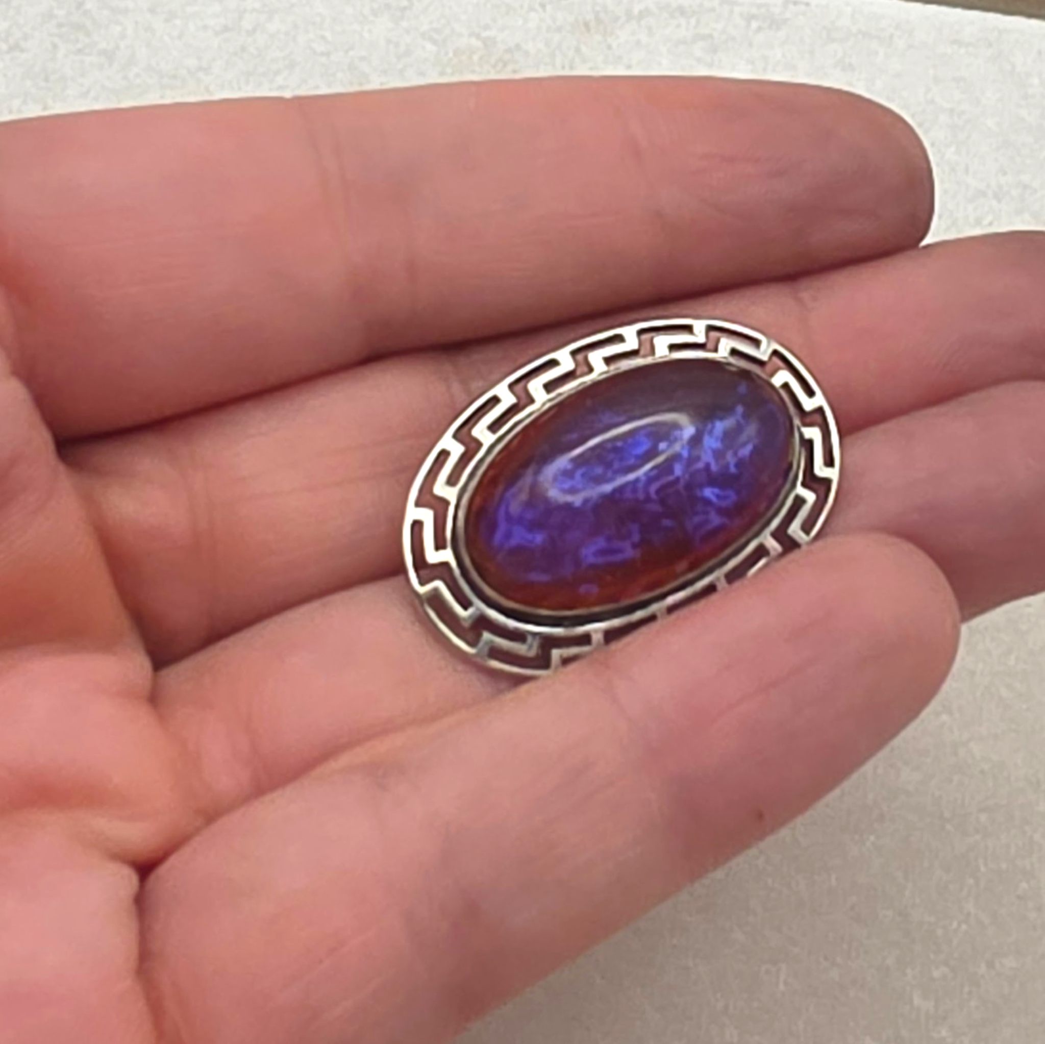 Antique Sterling Silver Dragon’s Breath Opal Brooch Greek Key Design