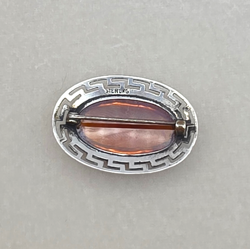 Antique Sterling Silver Dragon’s Breath Opal Brooch Greek Key Design