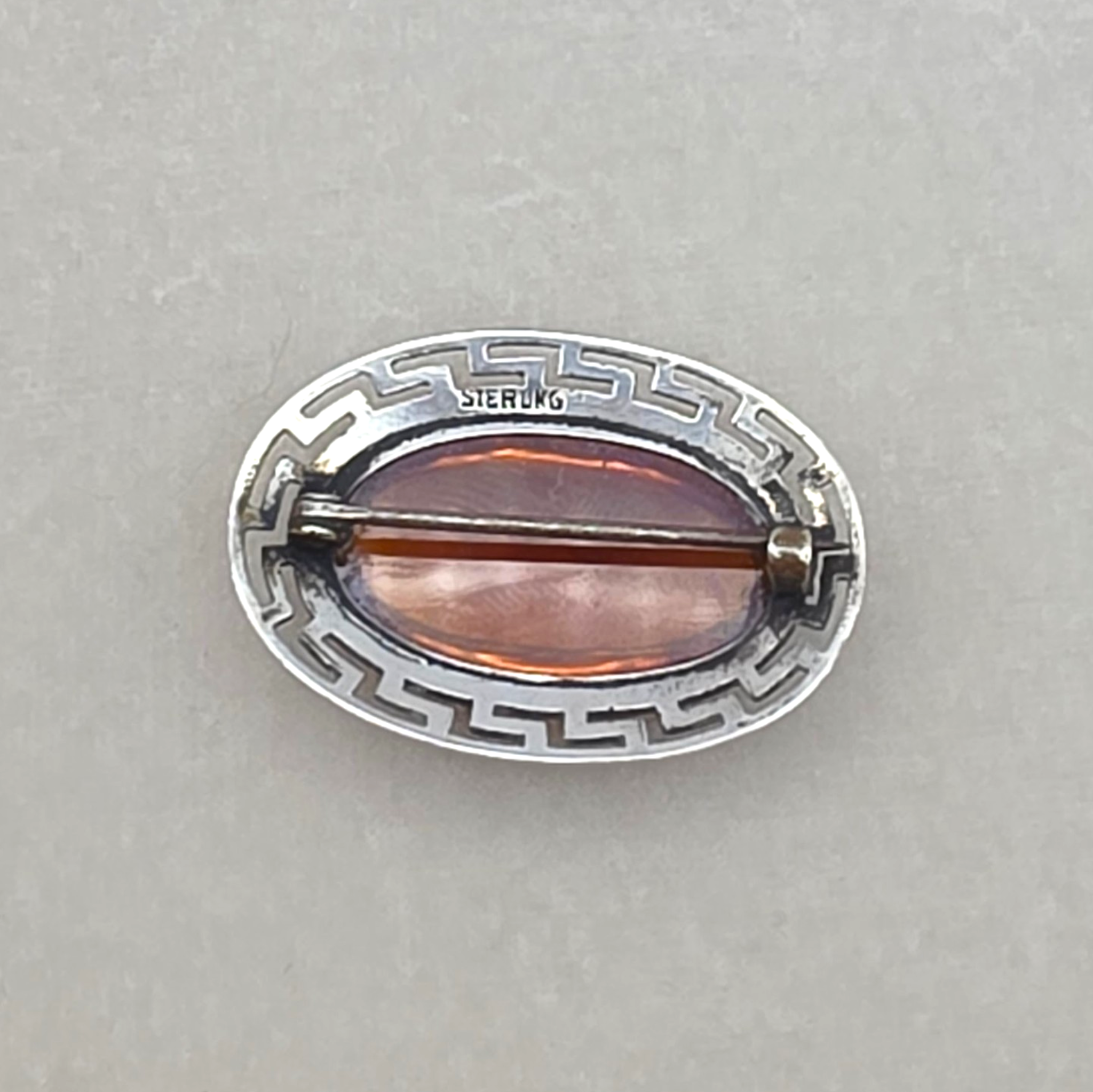 Antique Sterling Silver Dragon’s Breath Opal Brooch Greek Key Design