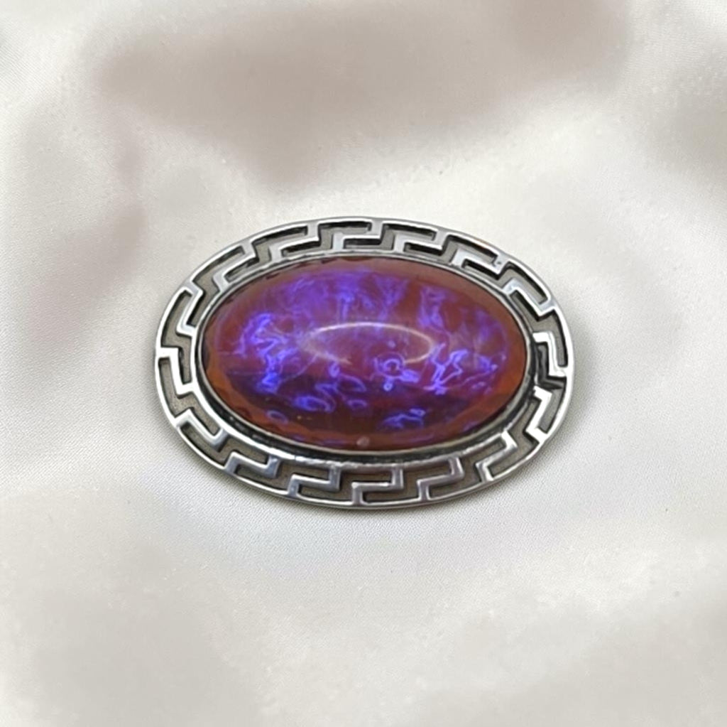 Antique Sterling Silver Dragon’s Breath Opal Brooch Greek Key Design