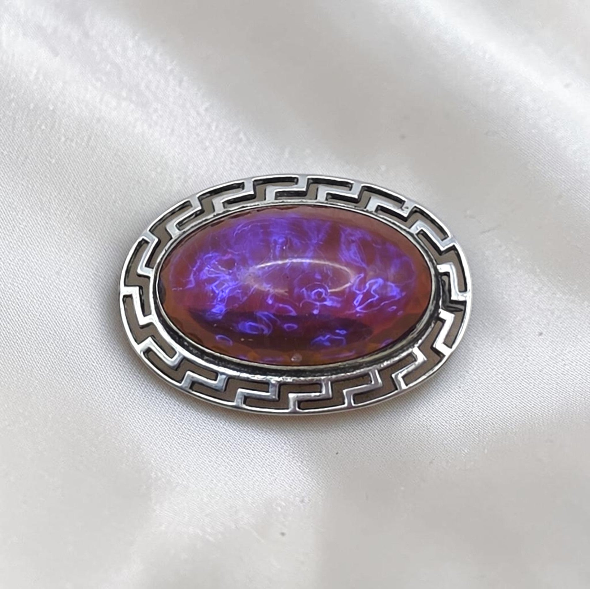 Antique Sterling Silver Dragon’s Breath Opal Brooch Greek Key Design