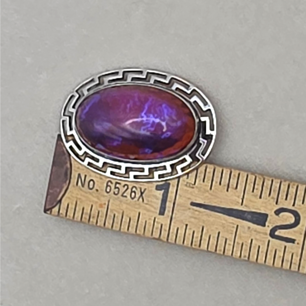Antique Sterling Silver Dragon’s Breath Opal Brooch Greek Key Design